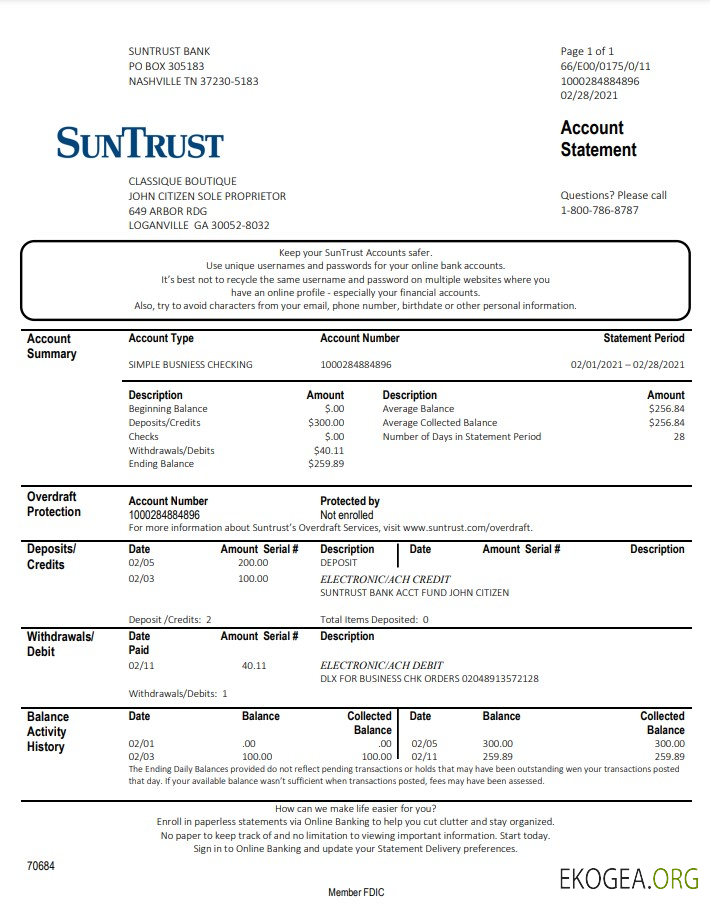 Modèle de relevé de preuve d'adresse de la banque SunTrust des États Unis Géorgie au format .doc et .pdf